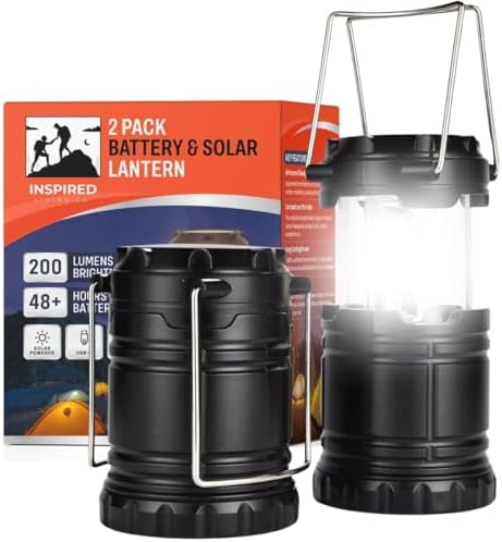 Rechargeable Camping Lanterns for Power Outages - Pack of 2 Waterproof LED Solar Lanterns for Camping Essentials, Hiking Gear, Battery Backup & Emergency Survival Kits