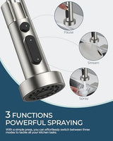 FORIOUS Kitchen Faucet with Soap Dispenser, Burhsed Nickel Stainless Steel Single Handle Modern Spring Commercial Sink Faucet with Pull Down Sprayer for RV Camp Bar Farmhouse