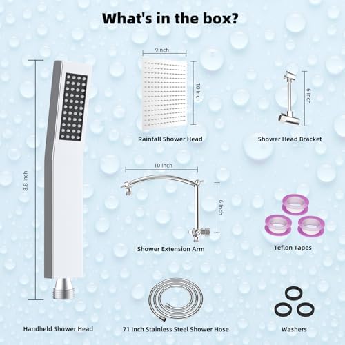 Hibbent All Metal 10'' Rainfall Shower Head, Dual Shower Head Combo, High Pressure Handheld Shower Wand, 16'' Adjustable Arc-shaped Shower Extension Arm, 71'' Hose, Showerhead Holder, Chrome