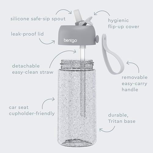 Bentgo Kids Water Bottle - Leak-Proof, Durable Tritan, BPA-Free 15 oz. Cup for Kids/Toddlers Ages 3+, Safe Sip Spout, Carrying Handle, & Dishwasher Safe for School (Glitter Edition - Silver)