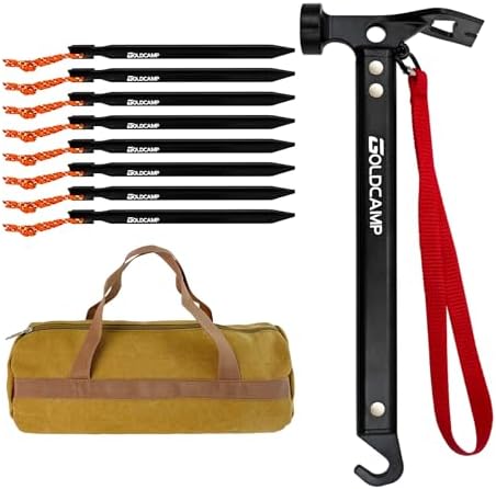 8 Pack Tent Stakes and Hammer with Canvas Storage Bag, Heavy Duty Camping Stakes for Outdoor Tent & tarp-Essential Accessories, Carbon Steel Aluminum Camping Hammer for Hiking Kit