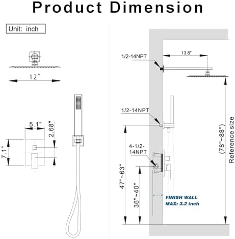 Shower System, Gold Shower Faucet Set with 12-Inch Rain Showerhead and Handheld Spray, Wall Mounted High-Pressure Showerhead Combo Set Included Valve and Trim, Brushed Gold