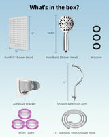 Hibbent 12'' All Metal Shower Head, High Pressure Rainfall Shower Head, Handheld Showerhead Combo, 12'' Adjustable Curved Shower Extension Arm, 7-Spray, 71'' Hose, Adhesive Showerhead Holder, Chrome