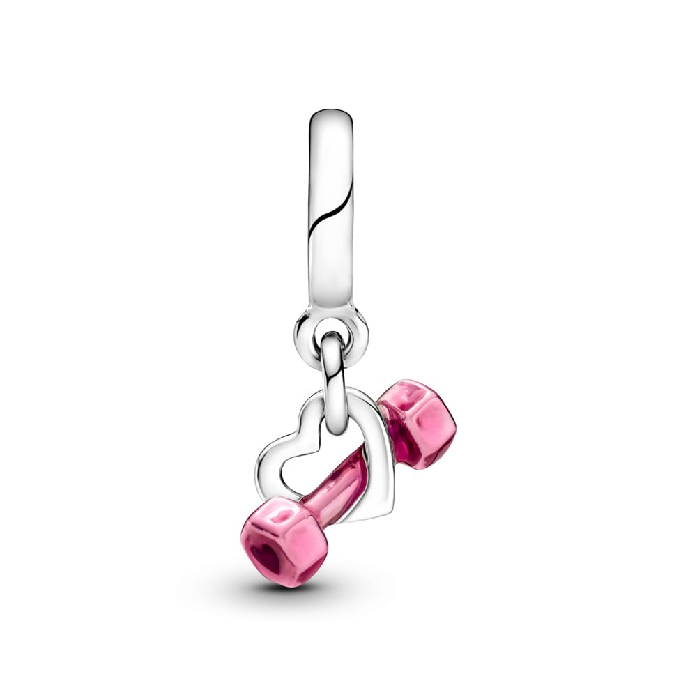 PANDORA Dumbbell & Heart Dangle Charm - Compatible Moments Bracelets - Jewelry for Women - Gift for Women - Made with Sterling Silver & Enamel, With Gift Box