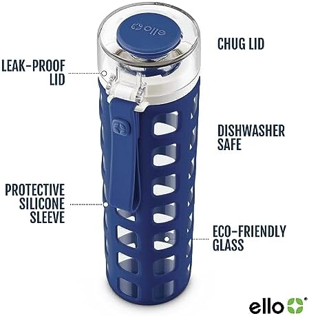 Ello Syndicate 20oz Reusable Glass Water Bottle with One-Touch Leak Proof Flip Lid and Protective Non-Slip Silicone Sleeve and Carry Loop for Coffee, Tea and Water, BPA-free Dishwasher Safe