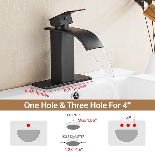 Fransiton Black Waterfall Bathroom Faucet Lavatory Single Handle 1 or 3 Hole Bathroom Sink Faucet Washbasin Faucet with Deck and Pop-up Drain