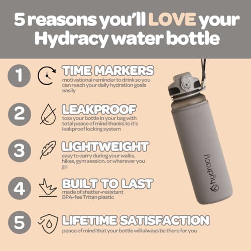 Hydracy Water Bottle with Time Marker -Large BPA Free Water Bottle & No Sweat Sleeve -Leak Proof Gym Bottle with Fruit Infuser Strainer & Times to Drink -Ideal for Fitness Sports & Outdoors