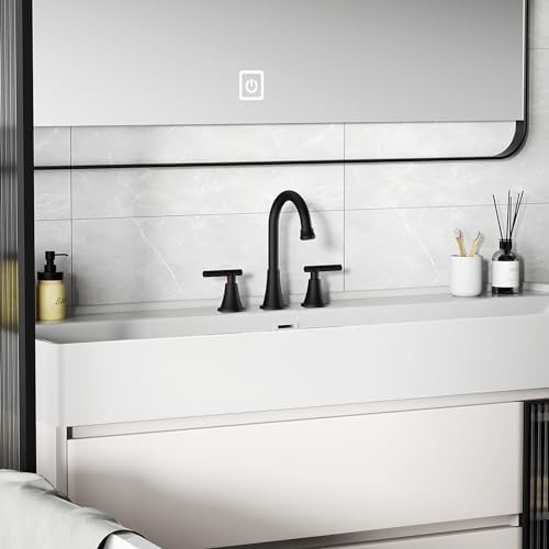 Bathroom Faucets for Sink 3 Hole, Hurran Matte Black Bathroom Sink Faucet with Pop-up Drain and Supply Lines, Stainless Steel Lead-Free Widespread Faucet for Vanity RV Farmhouse, 2 Pack