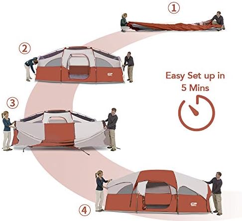 CAMPROS CP Tent 8 Person Camping Tents, Weather Resistant Family Tent, 5 Large Mesh Windows, Double Layer, Divided Curtain for Separated Room, Portable with Carry Bag