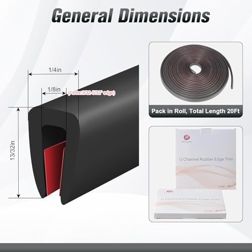 Flexible Self Adhesive U Channel Edge Protector - 1/8" Rubber Trim for Glass, Mirror, Plywood, Steel Panel Sharp Edges - U Shaped Peel and Stick Trim - Black, 20Ft