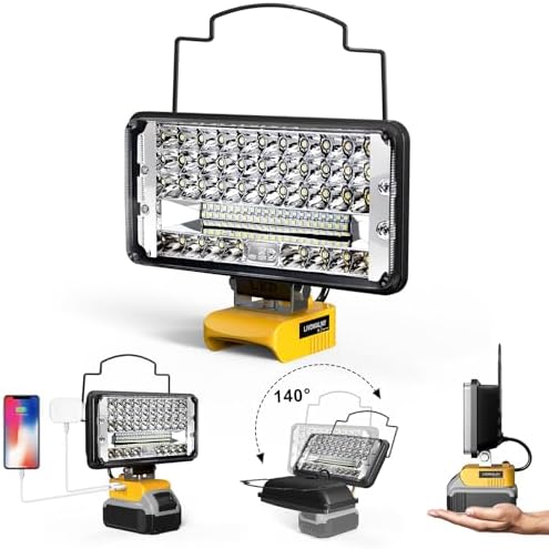 Cordless 20V LED Work Light for Dewalt 20V Max Battery, LIVOWALNY 100W 10000LM 7" Floodlight, LED Flashlights with USB & Type-C & Low Voltage Protection & 140° Pivoting Head for Emergency and Job Site