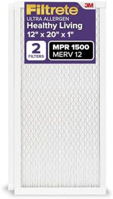 Filtrete 12x20x1 AC Furnace Air Filter, MERV 12, MPR 1500, CERTIFIED asthma & allergy friendly, 3 Month Pleated 1-Inch Electrostatic Air Cleaning Filter, 2-Pack (Actual Size 11.81x19.81x0.78 in)