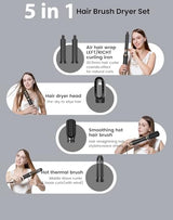 Hair Blow Dryer Styler Set, 5 in 1 Hot Air Brush Auto Wrap Curlers & Straightener & Volumizer Pro Kit, Ionic Technology, 60000RPM High Speed Drying, Round Comb Multi Styler Anion Electric