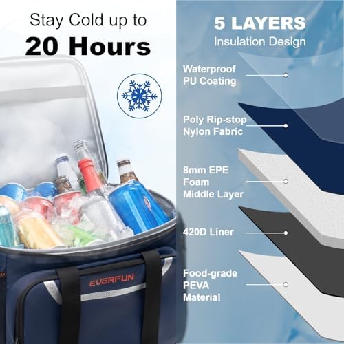 EVERFUN Large Soft Cooler Bag Travel Beach Insulated Cooler for Men 48 Can Dual Compartments Collapsible Waterproof Leak-Proof for Camping Picnic, Navy