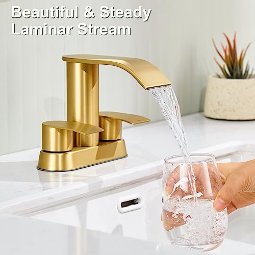 Ultimate Unicorn Bathroom Faucet for Sink Brushed Gold, 4 Inch Bathroom Sink Faucet for 3 Hole or 2 Hole, 2 Handle Waterfall Faucets with Pop up Drain, Centerset Faucets for RV Counter