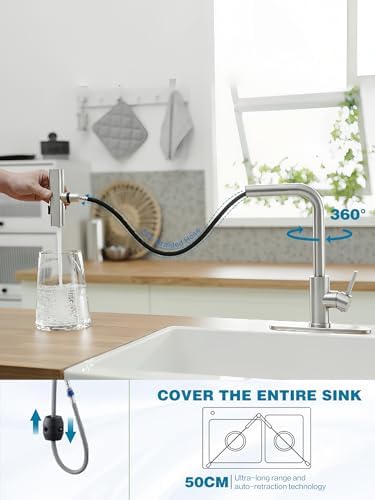 Kitchen Faucets with Pull Down Sprayer,Waterfall Kitchen Sink Faucet,Commercial Utility Stainless Steel Kitchen Faucets,Single Handle Kitchen Sink Faucet with Pull Down Sprayer for 3 Function,Brushed