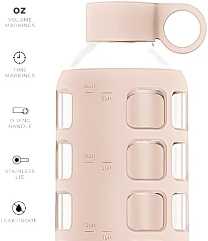 purifyou 40/32/22/12 oz Borosilicate Glass Water Bottles with Volume Markers, Silicone Sleeve, Stainless Steel Lid, Reusable Bottle for Water, Juice, Gym, and Fridge Storage (32oz Hazelnut)