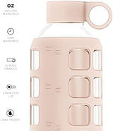 purifyou 40/32/22/12 oz Borosilicate Glass Water Bottles with Volume Markers, Silicone Sleeve, Stainless Steel Lid, Reusable Bottle for Water, Juice, Gym, and Fridge Storage (32oz Hazelnut)