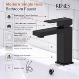 KENES Matte Black Single Handle Bathroom Sink Faucet, Stainless Steel Vanity Faucet for Bathroom Sink, with Pop Up Drain Stopper & Water Supply Hoses LJ-9031-2