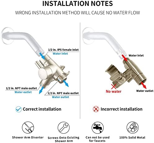 G-Promise Solid Metal Shower Arm Diverter with Holder for Hand Held Showerhead and Fixed Spray Head, G 1/2 3-Way Bathroom Universal Diverter System Replacement Part (Brushed Nickel)