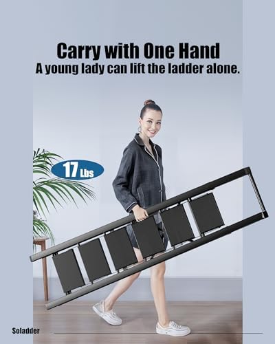 6 Step Ladder for 12 Feet High Ceiling, Folding Step Stool with Handgrip & Anti-Slip Wide Pedal, Portable Lightweight Aluminum Stepladder for Kitchen, Home (300 lbs Capacity) - Black