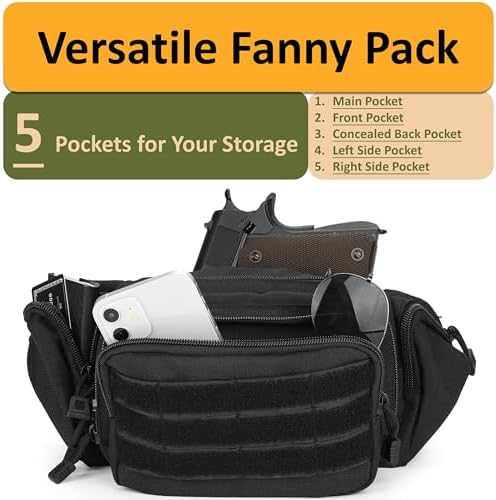 Concealed Carry Fanny Pack, Quick-Release Metal-Buckle Tactical Fanny Pisto Pack for Men, Military Molle Pistol Waist Bag