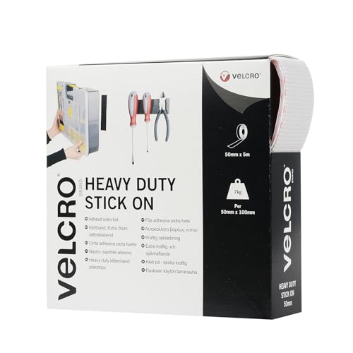VELCRO Brand - Heavy Duty Stick On | Superior Holding Power Indoors & Outdoor Use | 50mm x 5m Tape | White
