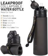 Collapsible Water Bottles 20oz, Leak Proof, BPA-Free, Foldable Silicone Travel Water Bottle with Straw Strap for Cycling, Hiking, Outdoors
