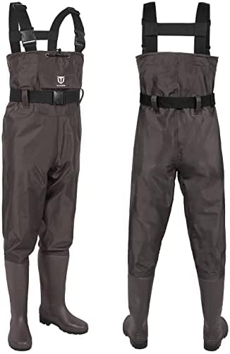 TIDEWE Bootfoot Chest Wader, 2-Ply Nylon/PVC Waterproof Fishing Hunting Waders with Boot Hanger for Men Women Green Brown