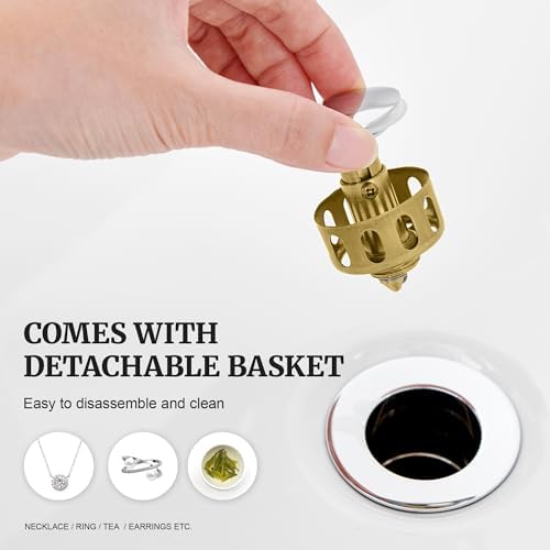 Pop up Sink Drain Stopper for Bathroom Vessel Vanity Sink Art Basin Chrome, Small Cap with Overflow, Metal Pop-up Drain Strainer with Detachable Basket Stopper