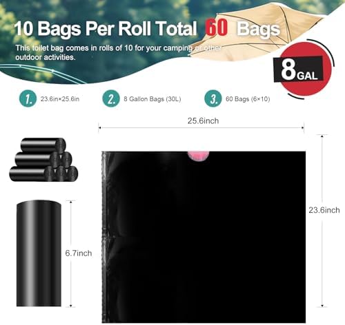 Portable Toilet Bags Drawstring 8 Gallon ，Camping Toilet Bags Toilet Trash Bags Leak-Proof, Waste Bags for Camping, Hiking, Traveling,Emergency, Outdoor Activities