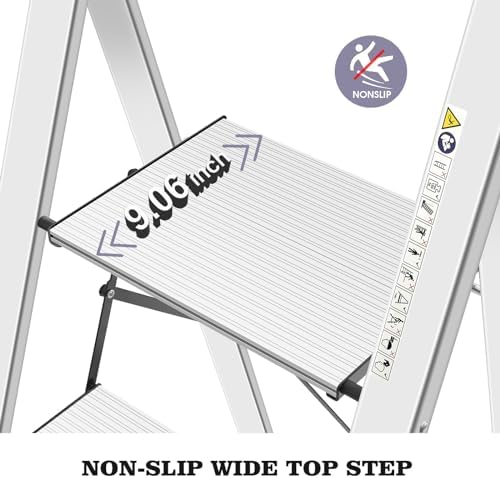 KINGRACK Aluminium 4 Step Ladder, Lightweight Step Stool with Non-Slip Pedals, Handrail, Foldable Step Ladder for Kitchen, Garage, Home, Space Saving, Sturdy and Portable, Silver