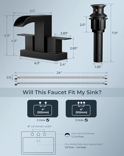 FORIOUS Square Black Bathroom Faucets for 2 Hole or 3 Hole, Waterfall 4 Inch Centerset Bathroom Sink Faucet with Metal Pop-up Drain and Supply Lines, Two Handles for Vanity, Laundry Room, Basin