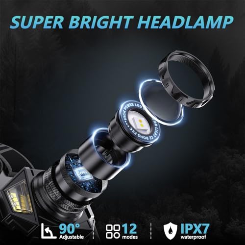 LED Headlamp Rechargeable，2000 High Lumens Head Lamp with 12 Modes & 90H Long Battery Life & Motion Sensor & IPX7 Waterproof,90° Adjustable Headlight for Outdoor Camping,Cycling,Hiking