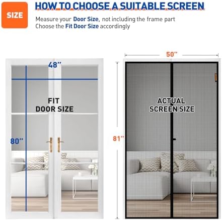 MAGZO Magnetic Screen Door Fit Door Size 48 x 80 Inch, Screen Size 50" x 81" Strong Magnet Mesh with Reinforced Hook & Loop for French, Sliding and Patio Entrances, Black