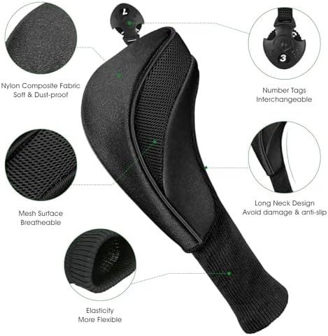 Golf Club Head Covers for Fairway Woods Driver Hybrids 3 Pieces Long Neck Mesh Sports Fan Golf Club Headcovers Set with Interchangeable No. Tags 3 4 5 6 7 X Golf Accessories for Men Women
