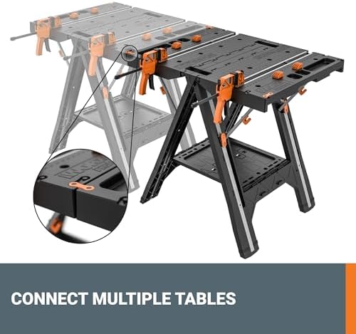 Worx Pegasus 2-in-1 Folding Work Table & Sawhorse, Easy Setup Portable Workbench, 31" W x 25" D x 32" H Lightweight Worktable with Heavy-Duty Load Capacity, WX051 - Includes 2 Clamps & 4 Clamp Dogs