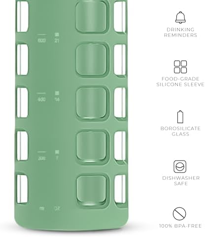 purifyou 40/32/22/12 oz Borosilicate Glass Water Bottles with Volume Markers, Silicone Sleeve, Stainless Steel Lid, Reusable Bottle for Water, Juice, Gym, and Fridge Storage (32oz Shale Green)