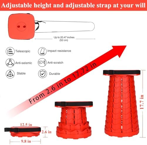 Fishboy Upgraded Square Collapsible Stool, 400lbs Max Weight, Lightweight But Sturdy, Portable Retractable Folding Telescoping Foldable Camping Stool for Adults Outdoor Fishing Hiking Travel BBQ