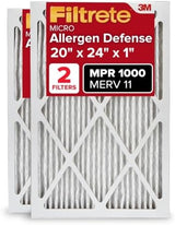 Filtrete 20x24x1 AC Furnace Air Filter, MERV 11, MPR 1000, Micro Allergen Defense, 3-Month Pleated 1-Inch Electrostatic Air Cleaning Filter, 2 Pack (Actual Size 19.81 x 23.81 x 0.81 in)