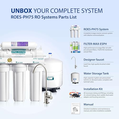 APEC Water Systems ROES-PH75 Essence Series Top Tier Alkaline Mineral pH+ 75 GPD 6-Stage Certified Ultra Safe Reverse Osmosis Drinking Water Filter System
