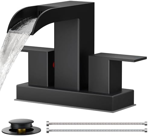 FORIOUS Square Black Bathroom Faucets for 2 Hole or 3 Hole, Waterfall 4 Inch Centerset Bathroom Sink Faucet with Metal Pop-up Drain and Supply Lines, Two Handles for Vanity, Laundry Room, Basin