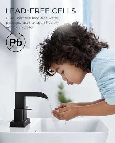 FORIOUS Square Black Bathroom Faucets for 2 Hole or 3 Hole, Waterfall 4 Inch Centerset Bathroom Sink Faucet with Metal Pop-up Drain and Supply Lines, Two Handles for Vanity, Laundry Room, Basin