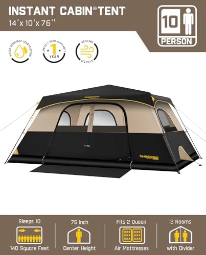 FanttikOutdoor Camping Tent 4/6/8/10 Person Instant Cabin Tent Setup in 60 Seconds with Rainfly & Windproof Portable with Carry Bag for Family Camping & Hiking