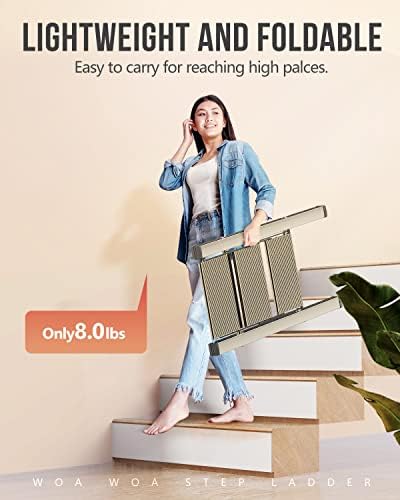 WOA WOA 3 Step Ladder, Foldable Step Stool, Aluminum Lightweight Ladder for Home Kitchen Closet, Anti-Slip Pedals, Ease of Folding, Portable, 300lbs Capacity - Gold