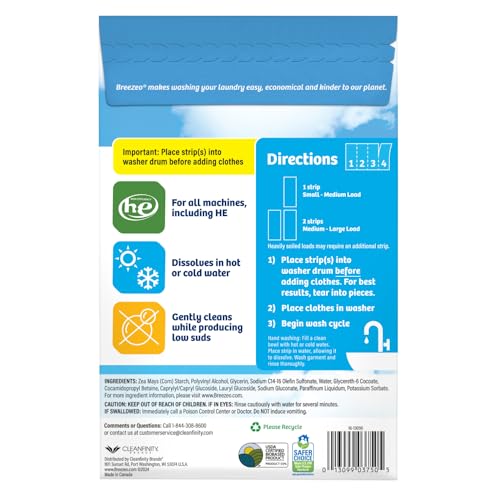 Breezeo Laundry Detergent Strips (48 strips) – Free & Clear - More Convenient than Pods, Pacs, Liquids or Powders – Great for Home, Dorm, Travel, Camping & Hand-Washing
