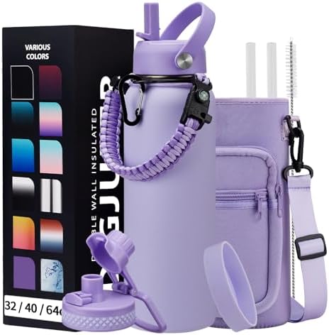 40 oz Water Bottle with Straw - Insulated Vacuum Water Flask with Straw & Auto Spout Lid, Paracord Handle & Carrying Pouch, Keep Cold 48H Hot 24H, Sweat-Proof Thermal Water Jug with Strap for Hiking