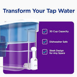 PUR 30-Cup Water Filter Dispenser with 1 Genuine PUR Filter, Large 30-Cup Capacity, 2-in-1 Powerful, Faster Filtration, Lasts 2 Months or 40 Gallons, Dishwasher Safe, White/Blue (DS1800Z)