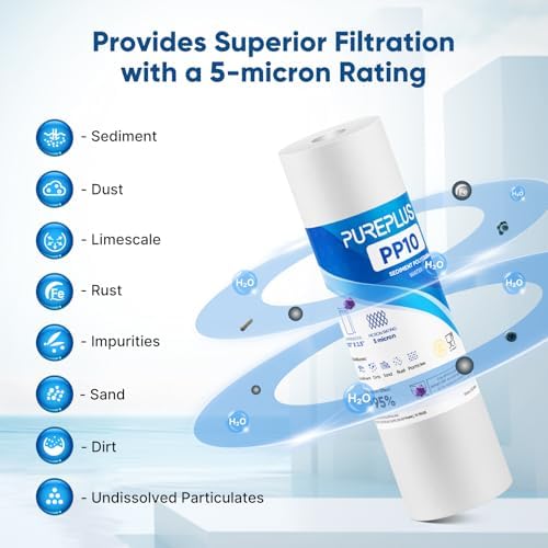 PUREPLUS 5 Micron 10" x 2.5" Whole House Sediment Home Water Filter Cartridge Replacement for Any 10 inch RO Unit, Culligan P5, Aqua-Pure AP110, Dupont WFPFC5002, CFS10, WHKF-G05, 4Pack
