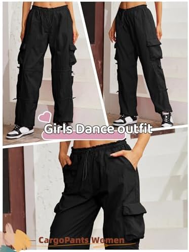 QYANGG Baggy Parachute Pants for Women& Girls Drawstring Elastic Low Waist Ruched Cargo Pants Multiple Pockets Jogger Y2K